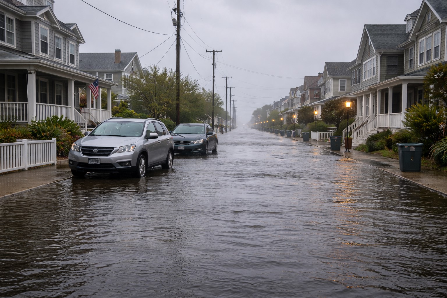 New Jersey Shore town during a noreaster high tide